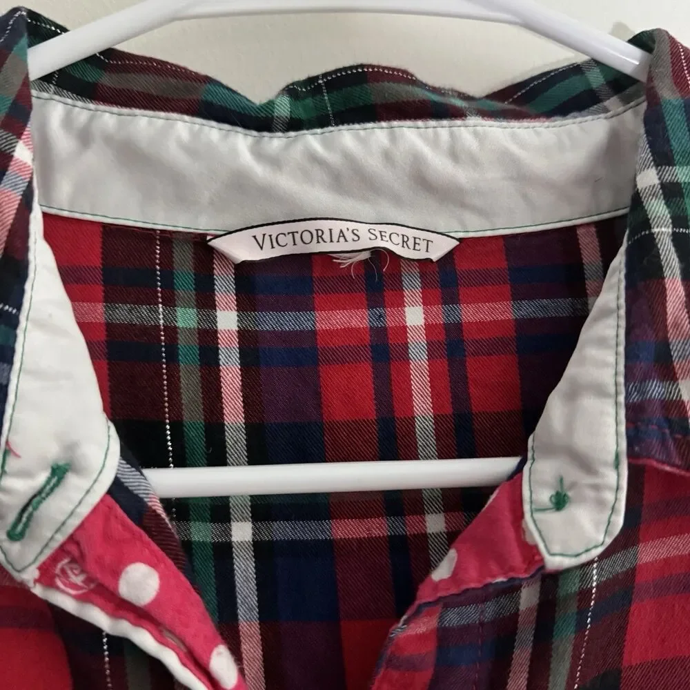 Victoria's Secret Plaid Flannel Sleep Shirt Button Down Nightgown Red Tartan